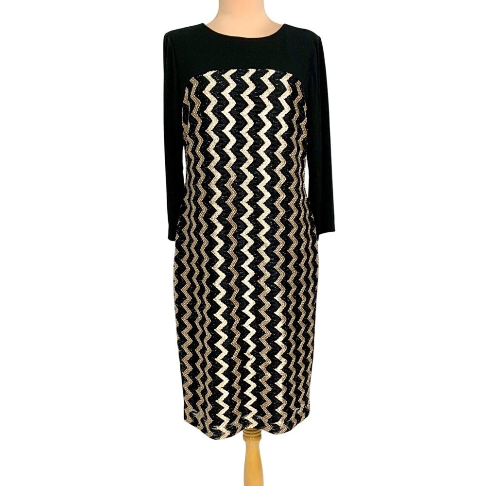 Chicos Chevron Mix Chanon Black Gold Shift Dress Keyhole Back Chico’s 0.5 US 6